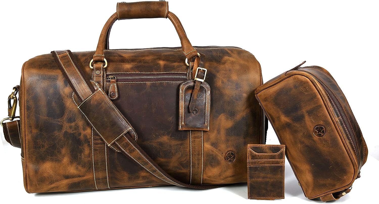 Aaron Leather Goods Leather Travel Duffel Bags for Men and Women Full Grain Leather Overnight Weekend Leather Bags Sports Gym Duffle Duffel with Toiletry Duffel with Toiletry