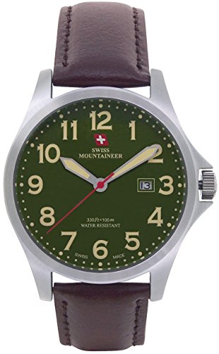 Swiss Mountaineer Mens Swiss Watch Brown Leather Band Large Green Easy Read Dial Date Display SML8032