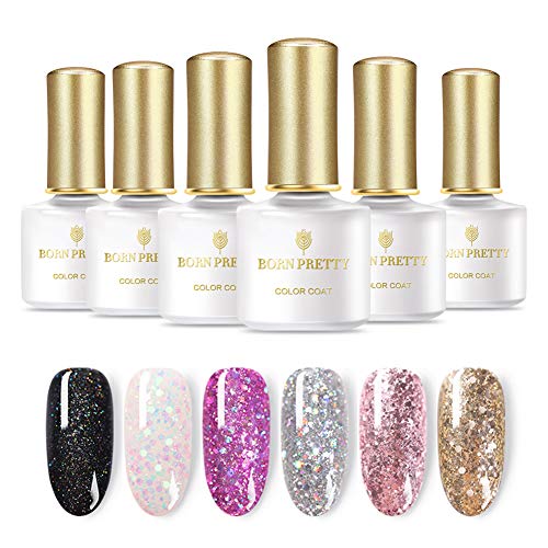 BORN PRETTY 6 Bottles Sequins Gel Polish Glittery Holographic UV Gel Pink Gold Silver Soak Off Nail Art Gel