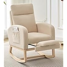 Fabric Rocking Nursery Chair for Mom Nursery,Rocking Chairs with Foot Rest,Recliner Armchair with High Backrest& Wood Legs and Side Pocket for Living Room,Bedroom,Beige