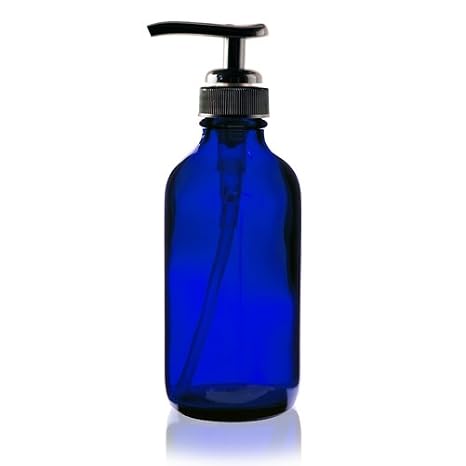 4 OZ Blue Boston Round Glass Bottle (24-400) - W/Black Pump - Pack of 12