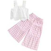 Toddler Baby Girl Outfit Summer Sleeveless Lace Hollow Out Crop Tank Tops Plaid Wide Leg Pants Set 2PCS Clothes