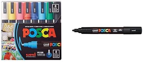 POSCA 8-Color Paint Marker Set, PC-5M Medium & Posca Acrylic Paint Marker, Medium, Black