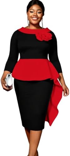 AOMEI Plus Size Peplum Dress for Women Church 3/4 Sleeve Contrast Color Sheath Business Office Party Dresses with Flower