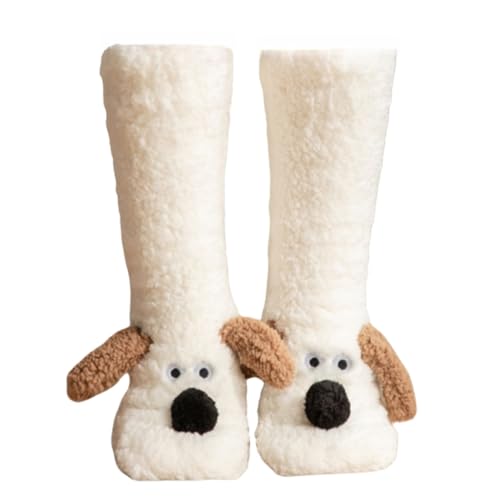 Cozy Thick Coral Fleece Non-Slip Slipper Socks for Women 5-10 - Cute Puppy Plush Fuzzy Warm Thermal Boot Socks for Winter, Indoor Floor Comfort, Machine Washable