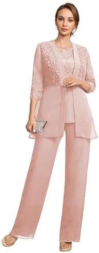 Mother Pant Suits for Women Dressy - 3 Pieces Lace Chiffon Mother of The Groom Pant Suits with Jacket