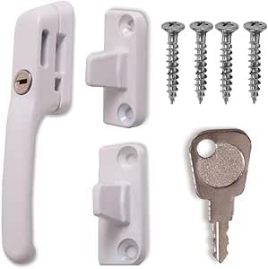 Fastener Casement Window Handle for Timber Surfaces | with Key, Mount/Wedge and Screws for Easily Installation and Security (4, White)
