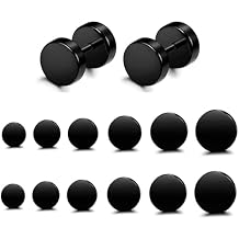 FIBO STEEL 6 Pairs Stainless Steel Black Stud Earrings for Men Women Faux Gauges Ear Tunnel Fake Gauge Earrings 3-8mm