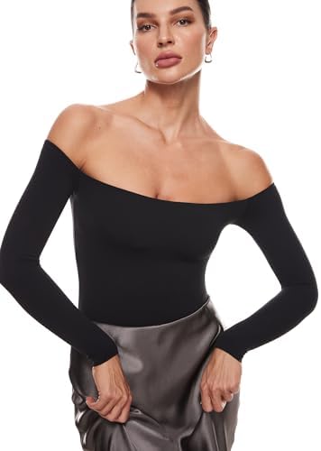 INLYRIC Women's Natrelax Off The Shoulder Bodysuit Long Sleeve Thong Sexy Bodycon Slim Fit Tops Leotard