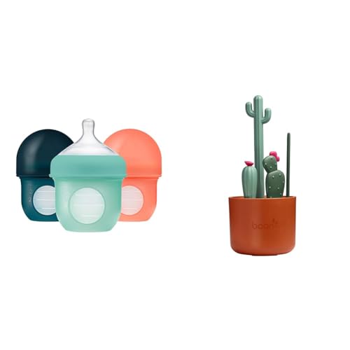Boon Nursh Reusable Silicone Baby Bottles with Pouch - Stage 1 Slow Flow - 3 Count  Boon Cacti Bottle Cleaning Brush Set - 4 Count