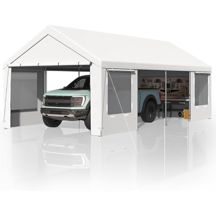 EROMMY Carport, 12 x 24 FT Heavy Duty Carport with Roll-up Windows,Portable Garage with Removable Sidewalls, Car Canopy with Sandbags and All-Season Tarp for Tractor, Truck, Boat, White