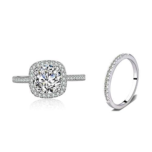 Cz Bridal Ring Set Accented Round Halo Engagement Ring Matching Half Eternity Wedding Band Size 4-10