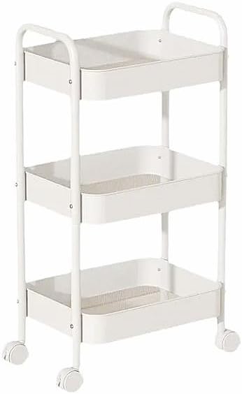 3-Tier Slim White Metal Trolley on Wheels, Storage Trolley Cleaning Caddy | Narrow Kitchen Storage Utility Cart, Metal Shelves Unit - Storage Shelves for Makeup Storage, Cleaning Supplies, Toiletries