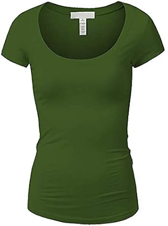Active Basic Womens Plain Basic Deep Scoop Neck with Cap Short Sleeves - Olive - Large