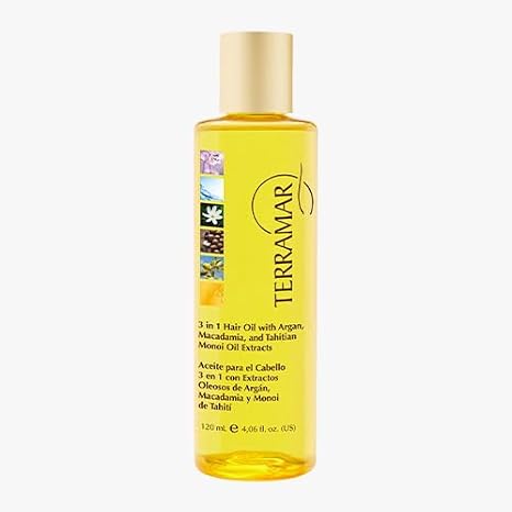 Terramar 3-in-1 Hair Oil with Argan, Macadamia, and Monoi Extracts, Smoothing and Hydrating Serum (Medium - 4.06 Fl Oz)