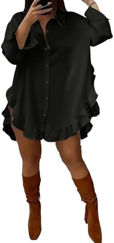 Halfword Women Button Down Shirts Oversized Ruffled Long Sleeve Casual Blouse Solid Color Slit Tops