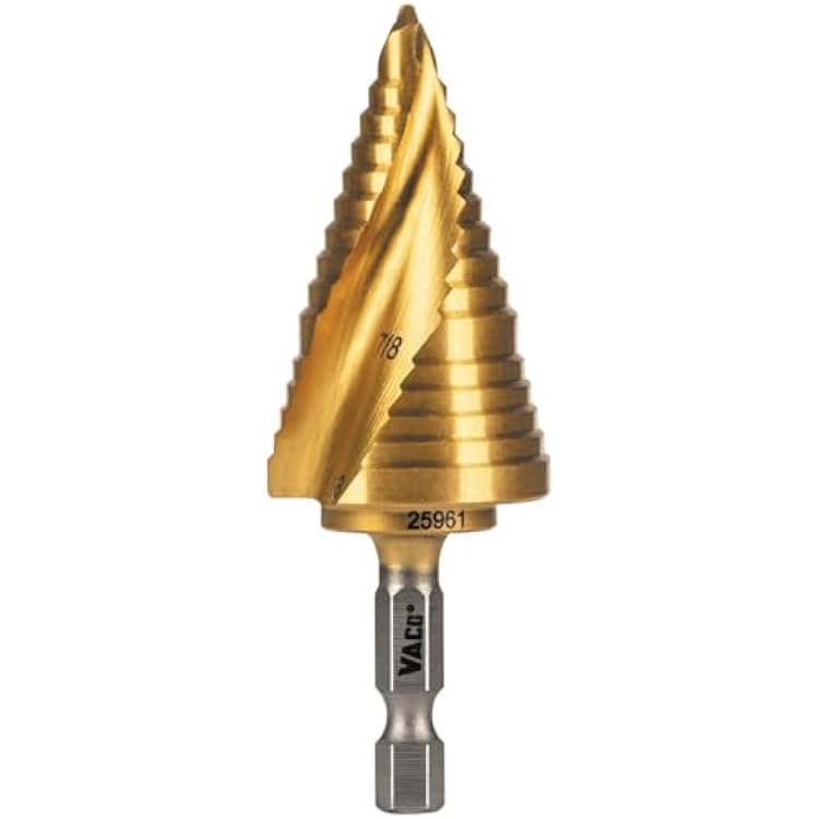Klein Tools 25961 Step Drill Bit, 78 to 1-18-Inch, Spiral Double-Fluted, Cut Thin Metal, Plastic, Aluminum, Wood, 14-Inch Hex Shank, VACO