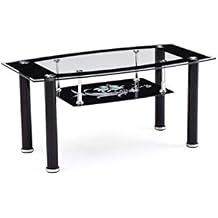 Hodedah Two Tier Rectangle Tempered Glass Coffee Table, Black