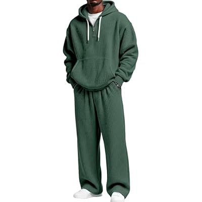 Mens Tracksuit 2 Piece Set Texture Quarter Zip Pullover Hooded Sweatshirt Athletic Sweatsuits Straight Pants Set
