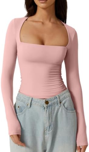 QINSEN Women's Sexy Square Neck Shirt Long Sleeve Double Lined Tees Fitted Going Out Tops