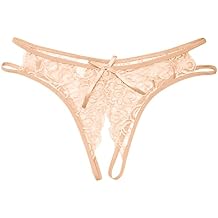YOLAI Women's Sexy Lace G-Strings Thongs Underpants Open Gusset Panties Low Waist Briefs Erotic Underwear Fashion (Beige, One Size)