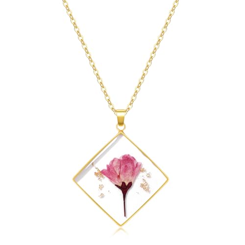 Birth Flower Necklaces For Women - Month Flower Necklace - Handmade Pressed Flower Necklace - Unique Holiday Gift - Square Necklace Gold 18