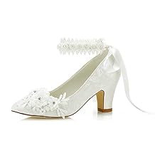 JIAJIA 62311B Women's Bridal Shoes Closed Toe 2.7" Chunky Heel Lace Satin Pumps Satin Flower Ribbon Tie Wedding Shoes