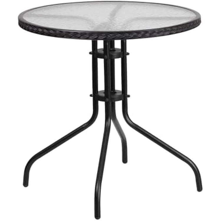 Flash Furniture Barker 28 Round Tempered Glass Metal Table with Black Rattan Edging
