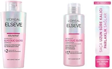 L'ORÉAL PARIS Seti | Elseve Glycolic Gloss Mükemmel Parlaklık için Bakım Yapan Şampuan 200 ml x1 + Elseve Glycolic Gloss Parlaklığı Saça Mühürleyen Laminasyon 5 Dakikada Durulanan Bakım 200 ml x1