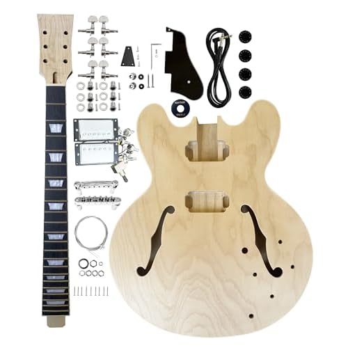 DIY Electric Guitarr Kits 3-ply Wood Maple Cap Hollow Guitarr Body Blank,Maple Neck & Rosewood Fretboard Unfinished With Electric Hardwares All Parts Included