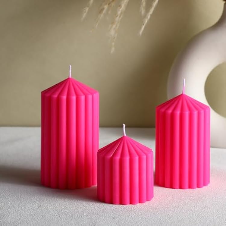 Set of 3 Ribbed Pillar Candles Soy Wax Scented Ribbed Candles Includes 2.8, 4.2 and 5.1 Inches Heights Romantic Decoration for Home Birthday GiftHot Pink
