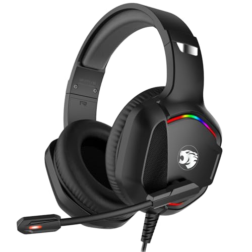 Gaming Headset with Microphone for Pc, Xbox One Series X/s, Ps4, Ps5, Switch, Stereo Wired Noise Cancelling Over-Ear Headphones with Mic, RGB, for Computer, Laptop, Mac, Nintendo (Black)