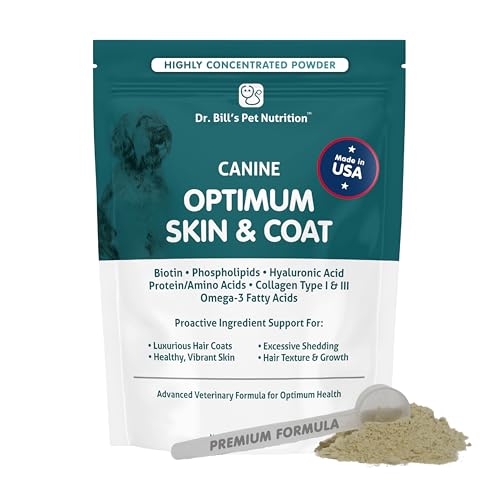 Dr. Bills Canine Optimum Skin & Coat Reduces Shedding, Itching, Dry Skin Allergy Relief for Healthy Fur - Omega 3, Collagen, Biotin & Hyaluronic Acid 340g Vet-Recommended Dog Supplement