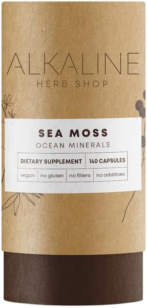 Alkaline Herb Shop Sea Moss Supplement 140 Capsules - Wildcrafted Irish Sea Moss (Chondrus crispus, Musgo Marino) from Canada - 2,400 mg per Serving, Excellent Source of Iron, Vegan