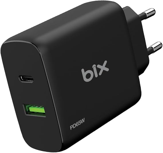 Bix BX2P65G GaN PD 65W Type-C and USB-A QC 18W Dual Port Current Proof Fast Charger Black
