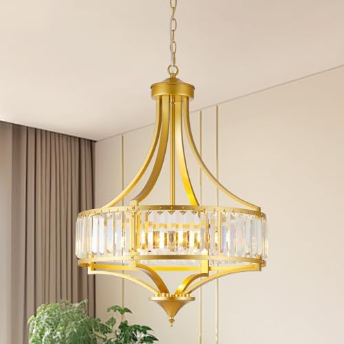 Modern Gold Crystal Chandelier, 20 Inch Large Ceiling Pendant Light Fixture with 50 Adjustable Hanging Chain, 5-Light Farmhouse Chandelier for Dining Room, Living Room, Bedroom, Entryway
