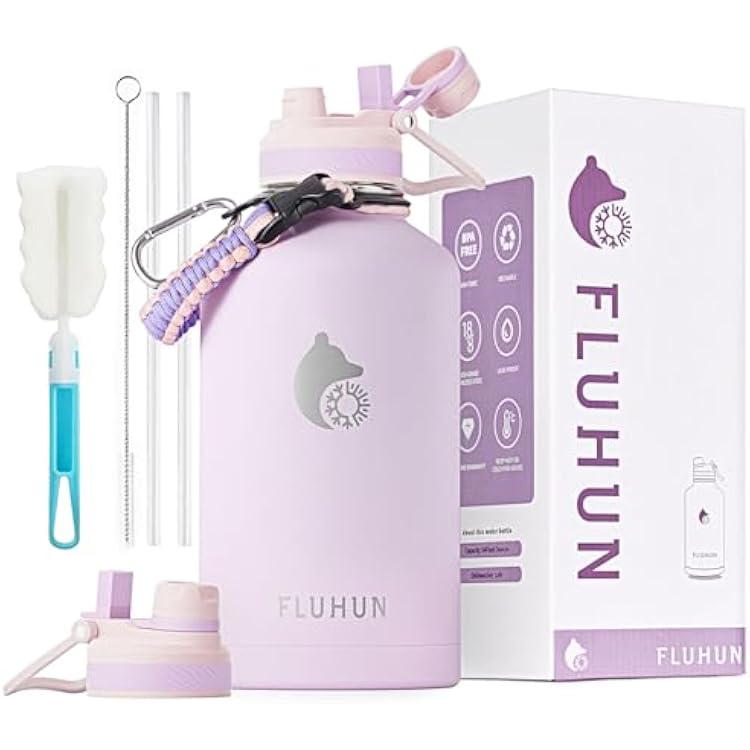 Insulated Water Bottle 64 oz, Double Walled Vaccum Stainless Steel Half Gallon Water Bottle with Straw and Handle, 2-in-1 Straw & Spout Water Flask Jug Lid for Gym and Outdoor Sports