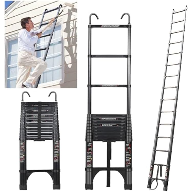 JADDUO 20.3 FT Telescopic Ladder, Aluminium Black Telescoping Ladder with Non-Slip Feet and Stable Hook, Portable Extension Ladder for Household and Outdoor Working, Heavy Duty 330 lbs Max Capacity