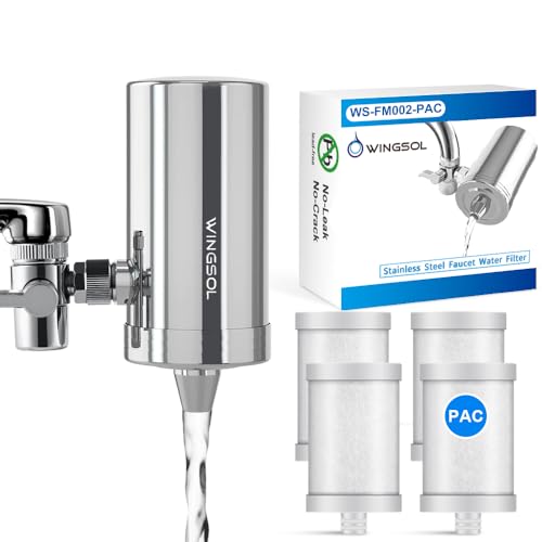 WINGSOL WINGSOL Stainless-Steel 360Rotating Sink Water Filter, Carbon Block Water Filter for Sink Faucet, Reduces Chlorine, Heavy Metals and Bad Taste Faucet Water Filter,4 Filter Cartridges Included