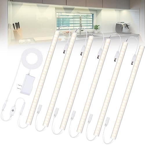 Plug-in Under Cabinet Lights Daylight White 4000K, Dimmable LED Under Cabinet Lighting, 6PCS x 12 Inch Under-Counter Light Fixtures with Memory Function, Under Counter LED Lights for Kitchen