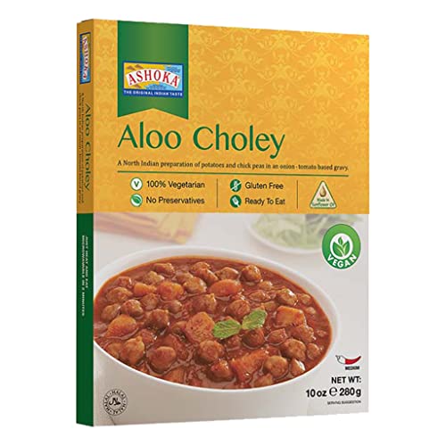 Ashoka Microwavable Meals 1932, Vegan Chickpeas & Potatoes, All-Natural, Kosher Certified, Heat & Serve Meals, Aloo Choley, Real Indian Cuisine, Gluten-Free & with No Preservatives, Pack of 1