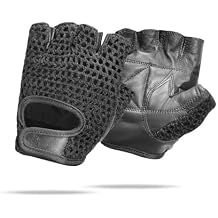 Leather Padded Crochet Back Breathable Fingerless Weight Lifting, Cycling Workout Gloves, Black (Large)