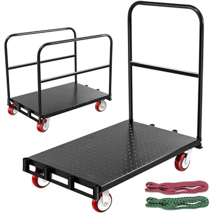 2 in 1 Steel Drywall Cart, 37x24 Panel Lumber Cart Heavy Duty with 2 Straps, Platform Truck Cart with 2200lbs Capacity and 4 Swivel Casters, Flatbed Cart with 3 Handrails, Black