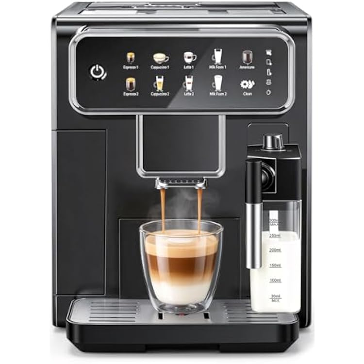 Automatic Espresso Machine with Grinder and Milk Frother - Super Expresso Coffee Machines Maker with 7 One-Touch Coffee Recipes for Latte, Cappuccino, Americano, Iced and Hot Coffee Black