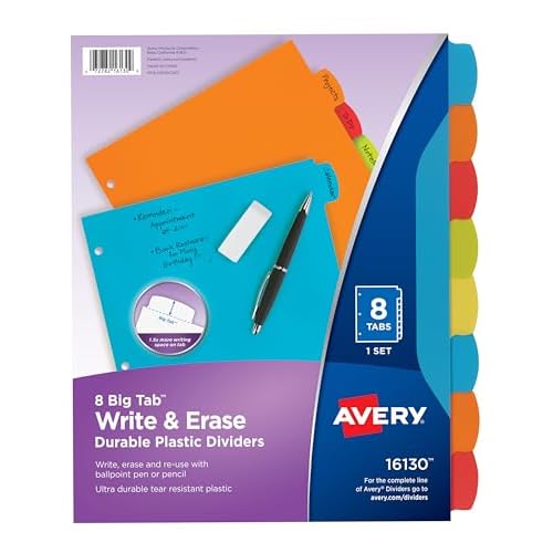 Avery Big Tab Write & Erase Durable Plastic Dividers for 3 Ring Binders, 8-Tab Set, Bright Multicolor, 1 Set 16130