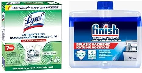 Lysol Antibakteriyel Çamaşır Makinesi Temizleyici Çam ve Okaliptus Ferahlığı 250 ml ve Finish Bulaşık Makinesi Temizleyicisi (1 x 250 ml)