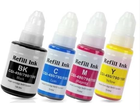 ABC Compatible Set of 4 Refill Bottles Ink for Canon GI-490 for Pixma G1400 G1411 G2200 G2400 G2411 G3200 G3400 G3411