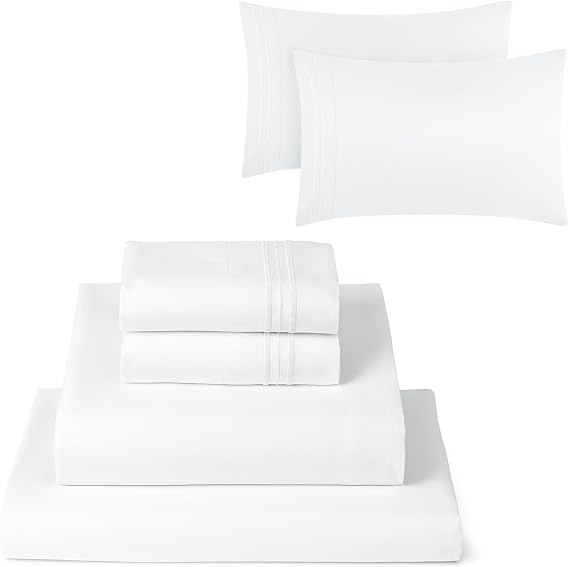 Mellanni 4PC Bed Sheet Set + 2 Pillowcases Bundle&Save - Iconic Collection Bedding - Bundle Includes: 1 Flat Sheets, 1 Fitted Sheet and 4 Pillow Cases (Queen, White)