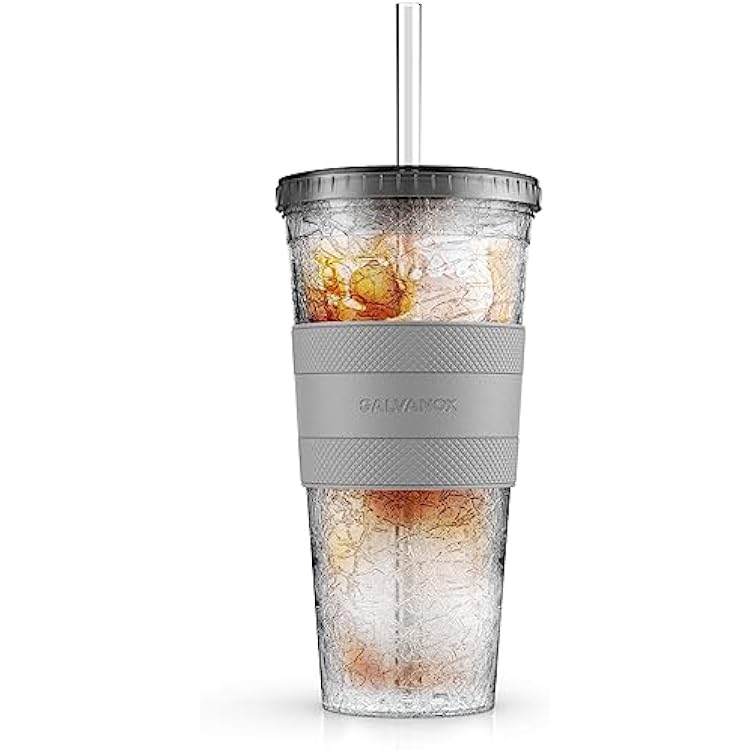 GALVANOX Freezable Iced Coffee Cup with Lid and Straw 20oz Reusable Insulated Ice Tumbler with Grip Sleeve Smoke