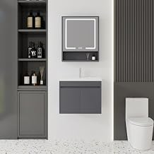 24'' Bathroom Vanity with Ceramic Sink Combo and Medicine Cabinet Mirror with Led Light/Defog, Wall Mounted Small Bathroom Vanity with Soft-Close Door Modern Floating Cabinet, Gray(No Faucet)